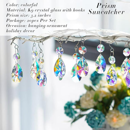 20 Pieces 38mm Crystal Prisms Chandelier Rounded Pear Suncatcher Ornament Pendants Crystal Beads Hanging Glass Crystals Chandelier Prisms for Wedding Party Tree Garlands Decoration DIY Jewelry