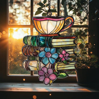 Flower Books Tea Acrylic Suncatcher Window Hanging Bookish Book Lover Housewarming Decor Gift