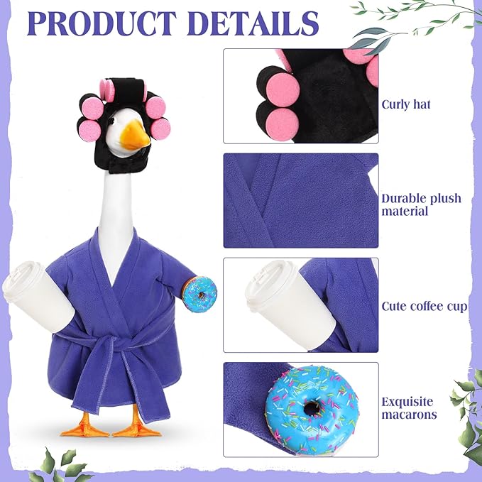 Shyyween Lady Porch Goose Outfit 23 Inch Goose Clothes Winter Porch Geese Accessories Purple Pajamas Robe Curlers and Coffee Cup for Concrete Statue Outdoor Yard Cement Geese Decoration