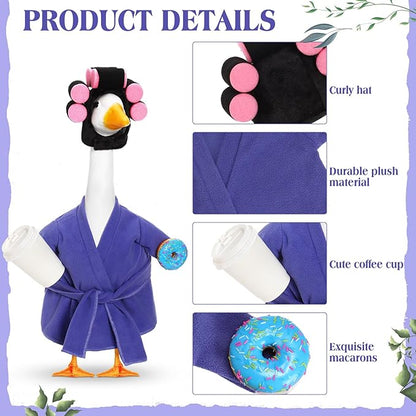 Shyyween Lady Porch Goose Outfit 23 Inch Goose Clothes Winter Porch Geese Accessories Purple Pajamas Robe Curlers and Coffee Cup for Concrete Statue Outdoor Yard Cement Geese Decoration