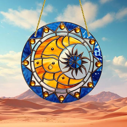Sun and Moon Stained Window Hangings with Chain – Acrylic Retro Ornament for Garden, Patio and Indoor Decor, Housewarming Gift for Mom, Grandma and Space Lover
