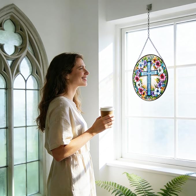 Cross Flower Suncatcher Stained Glass Window Hanging, Christian Wildflower Sunset Landscape Sun Catchers Indoor Window Glass Round Wall Decor, Religious Wall Art Hanging Decorations Statues