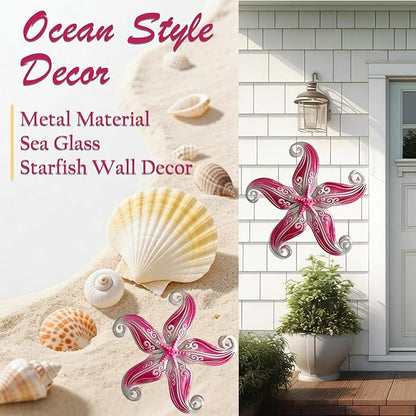 POXOHO Starfish Garden Decorations Outdoor, Starfish Wall Decor Art for Fence Patio Yard, 12" Hanging Glass Sculpture, Outdoor Wall Art Ocean Gifts for Women & Men (Pink)