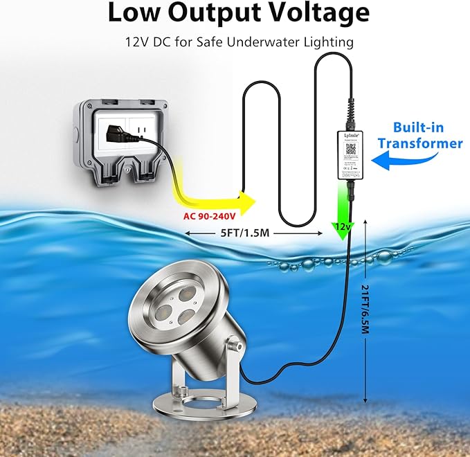 LyLmLe LED Pond Lights with APP Control, 6W SS316 Stainless Steel RGB Underwater Fountain Light with 12V Transformer, IP68 Waterproof Outdoor Underwater Lights for Pond Waterfall, Black Wire