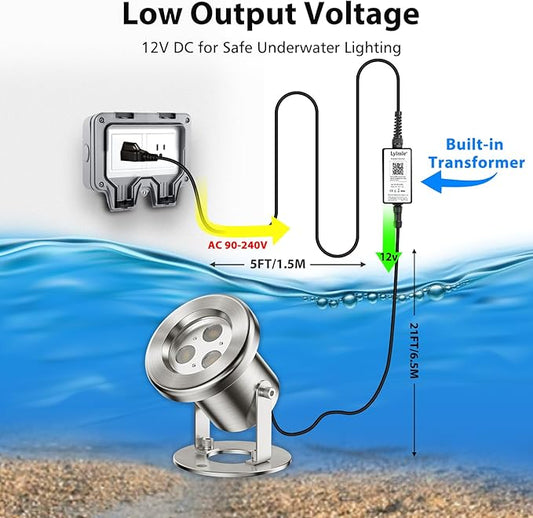 LyLmLe LED Pond Lights with APP Control, 6W SS316 Stainless Steel RGB Underwater Fountain Light with 12V Transformer, IP68 Waterproof Outdoor Underwater Lights for Pond Waterfall, Black Wire