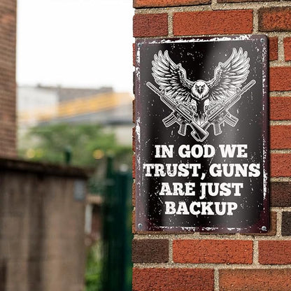 Gun Sign for Home Security No Trespassing Private Property Metal Tin Sign Patriotic Americana Wall Decor for Gun Room Firing Ranges Man Cave Garage Gun Lovers Gift 8" x 12", In God We Trust