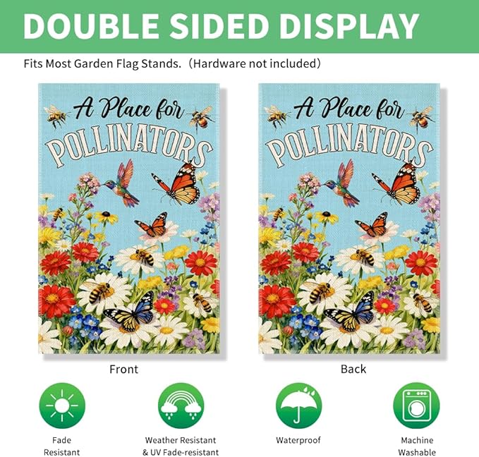 Perfectinsoy A Place for Pollinators Garden Flag, Pollinator Friendly Garden Sign, Hummingbird Wildflower Butterfly Bee Sign, Gardeners Bee Keepers Gifts, Welcome Yard Farmhouse Spring Outdoors Decor