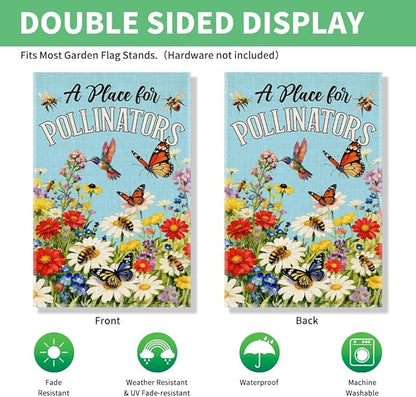 Perfectinsoy A Place for Pollinators Garden Flag, Pollinator Friendly Garden Sign, Hummingbird Wildflower Butterfly Bee Sign, Gardeners Bee Keepers Gifts, Welcome Yard Farmhouse Spring Outdoors Decor
