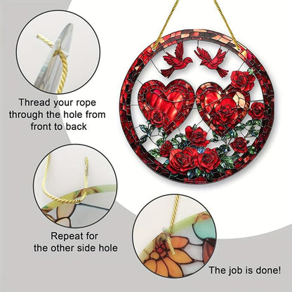 Valentine Heart Suncatcher Ornament Red Birds Rose Designs Pattern Window Hanging Suncatchers Full Cover Stained Glass for Garden Room Decor Valentine's Romantic Ornaments for Wife Gift