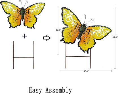 Aecipl Garden Decor Metal Butterfly Stakes Yard Sign Decorative Lawn Art Indoor Outdoor Plant Stake Patio Porch Pathway Backyard Decoration (Yellow)