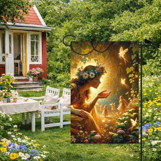 IVN Spring Fairy Garden Flag 12x18 Inch Double Sided Enchanted Forest Flag with Flower Crown Fairy and Glowing Fairies Fantasy Yard Decor for Outdoor Lawn Porch or Seasonal House Decoration