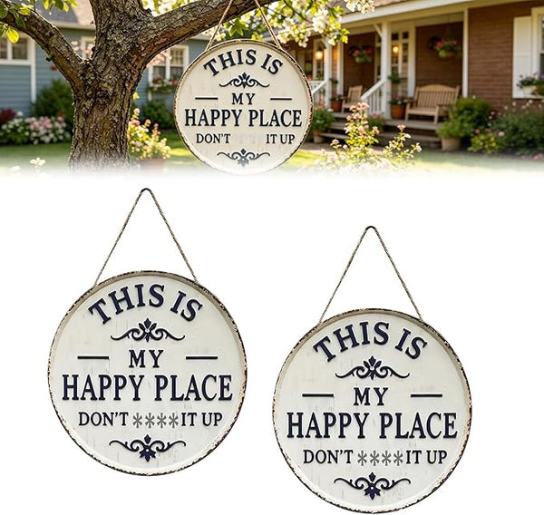 Happy Place – Vintage Statement Metal Sign Round Rustic Wall Decor Funny Garden Sign “This Is My Happy Place Please Respect The Vibe” Metal Hanging Plaque for Front Door Home Office Kitchen (2PCS, 8 * 8in)