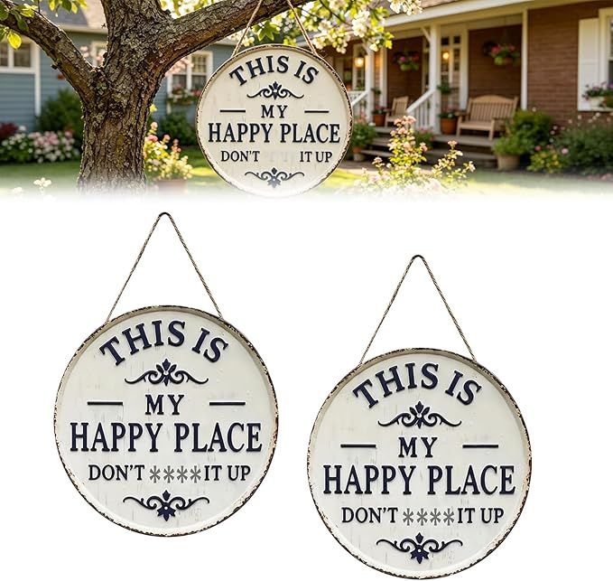 Happy Place – Vintage Statement Metal Sign Round Rustic Wall Decor Funny Garden Sign “This Is My Happy Place Please Respect The Vibe” Metal Hanging Plaque for Front Door Home Office Kitchen (2PCS, 12 * 12in)