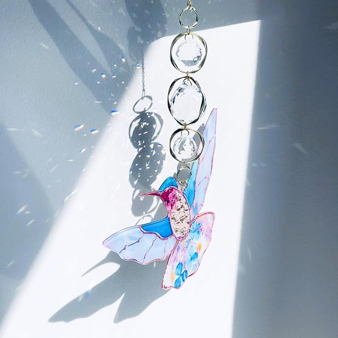 Blue Acrylic Hummingbird Flowers Garden Suncatcher Christmas Tree Window Hanging Home Decor Ornaments Crystal Prism Rainbow Maker Sun Catcher Appreciation Gifts for Mom Grandma Sister