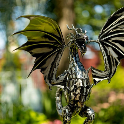 Zaer Ltd. Metal Dragon Rocking Garden Stake, Kinetic Wind Decor, Metallic Black Finish, Moving Wings (Tail Up Sunfyre)