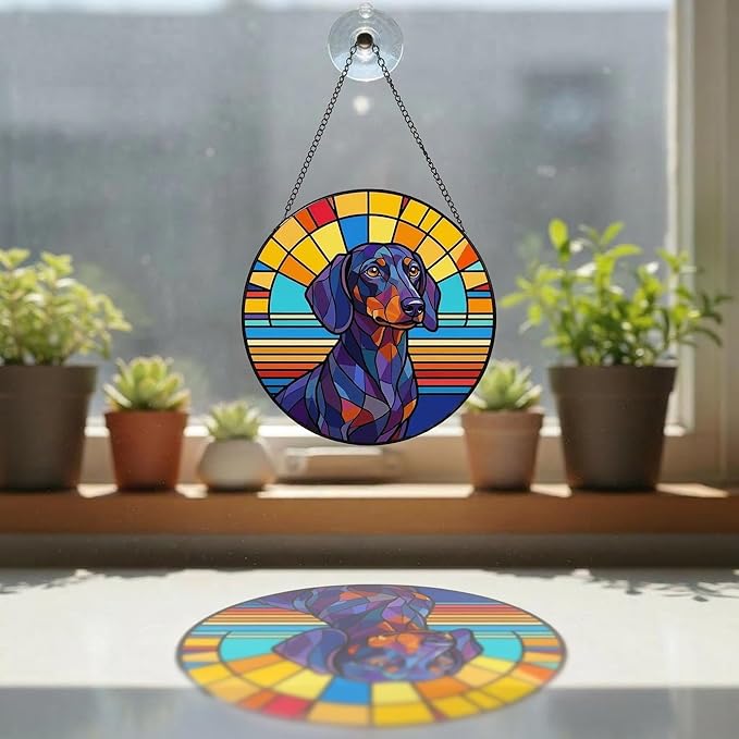Stained Glass Dog Memorial Suncatcher,Dachshund_02 Window Hanging,Sympathy Gifts for Pet Loss,7.9 inch/20 cm Home and Garden Decor for Dog Lovers