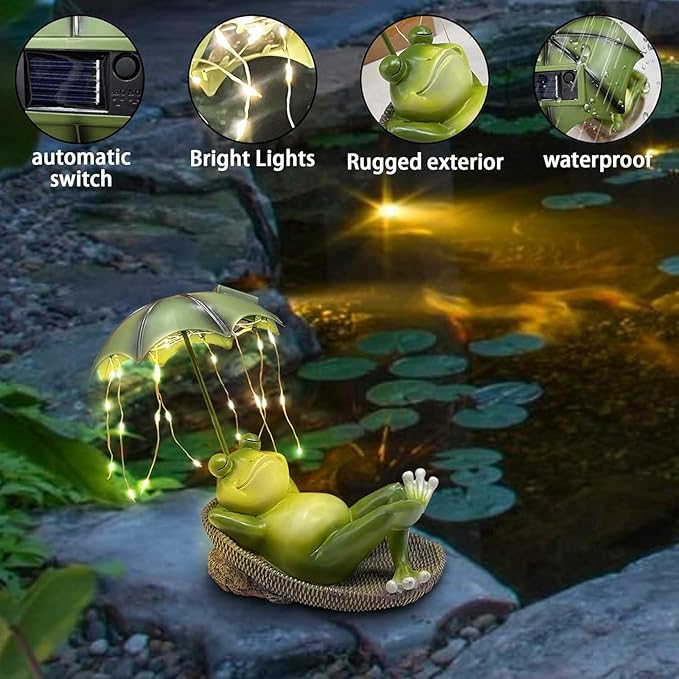 Banax Solar Outdoor Garden Decoration, Lazy Frog Animal Statue, IP65 Rated Waterproof Mini Pond Decorations, Resin Fairytale Art Ornament, Garden Gift for Family, Friends & Colleagues