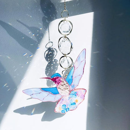 Blue Acrylic Hummingbird Flowers Garden Suncatcher Christmas Tree Window Hanging Home Decor Ornaments Crystal Prism Rainbow Maker Sun Catcher Appreciation Gifts for Mom Grandma Sister