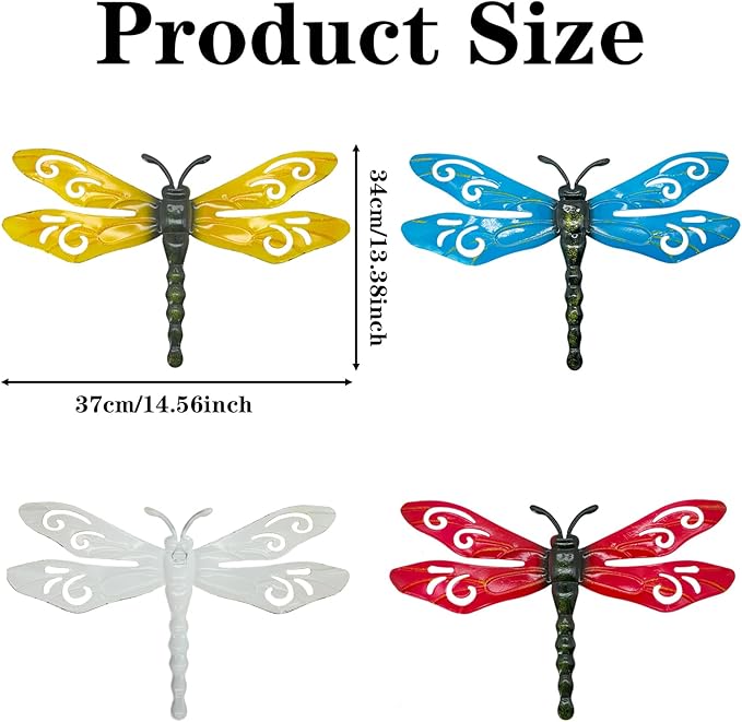 LWINGFLYER 4PCS Metal Butterfly Wall Decor Butterflies for Garden Wall Art Decoration for Fence Patio Accents Balcony Features Beautify Backyards Gardens Porch Living Areas (Dragonfly)
