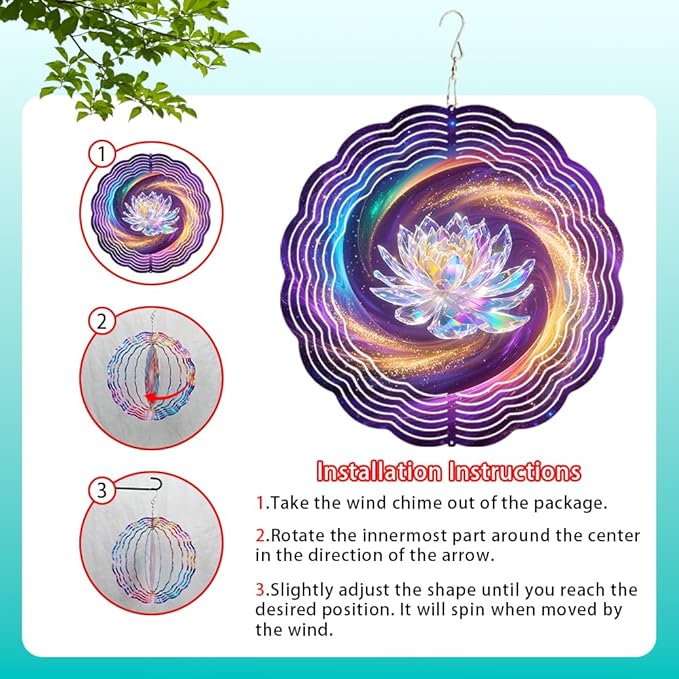 10x10 Crystal Lotus Flower Spinning Wind Chime Rainbow Galaxy Wind Spinner Outdoor Garden Decor Crystal Chimes Mother's Day Housewarming Gift