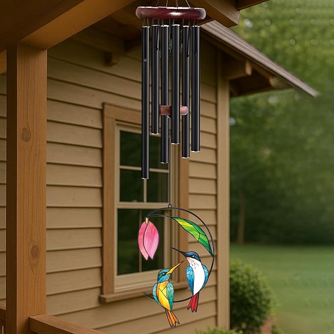 Personalized Metal Wind Chime Garden Sign, 40 Inch Outdoor Colorful Bird & Flower Memorial Decor, Yard Hanging Plaque for Patio Porch Lawn (JSTY363)