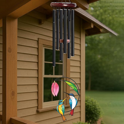 Personalized Metal Wind Chime Garden Sign, 40 Inch Outdoor Colorful Bird & Flower Memorial Decor, Yard Hanging Plaque for Patio Porch Lawn (JSTY363)