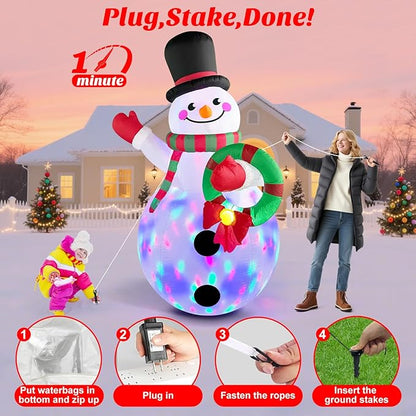 MICOCAH 8FT Christmas Inflatables Outdoor Decorations, Inflatable Snowman Holding Garland Blow Up Yard Decoration Build-in Rotating Colorful LEDs Xmas Holiday Party Indoor Lawn Christmas Eve Décor
