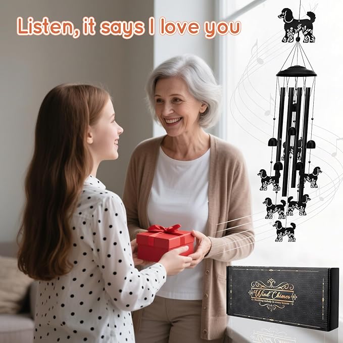 Poodle Wind Chimes for Outside, 34.6 Inch Weather-Resistant Metal Wind Chimes with 4 Aluminum Tubes, Pet Memorial Sympathy Gift for Poodle Dog Lovers, Patio Yard Garden Decor
