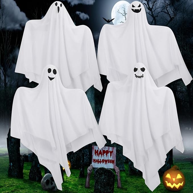 Hanging Ghosts Outdoor Decorations, 4 Pack 28" Cute Flying Ghosts - Halloween Decor for Home, Tree, Porch, Patio, Lawn, Garden, Party & Holiday