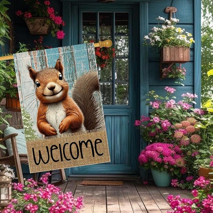 Spring Summer Garden Flag Welcome Garden Flags 28x40 inch Double Sided Small Burlap Squirrel Decor Yard Lawn Outdoor Home Decoratio