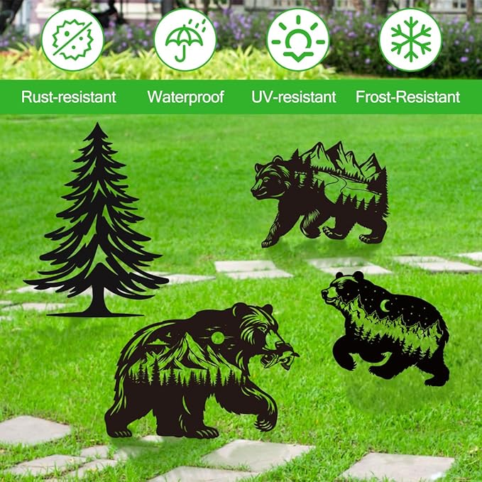 Bear Garden Stake Outdoor Yard Decor – Set of 4 Metal Black Lawn Ornament, Cute Bear Lover Gift for Women Men, Weather-Resistant Bear Silhouette Statues Yard Art for Patio