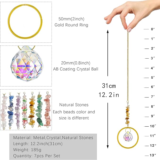 HDCRYSTALGIFTS 7PCS Crystal Suncatchers Rainbow Maker Healing Crystals for Window Prism Balls Indoor Outdoor Hanging Ornament Pendant Decor for Home, Garden, Wedding, Christmas Tree (12inch)