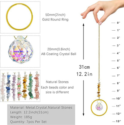 HDCRYSTALGIFTS 7PCS Crystal Suncatchers Rainbow Maker Healing Crystals for Window Prism Balls Indoor Outdoor Hanging Ornament Pendant Decor for Home, Garden, Wedding, Christmas Tree (12inch)