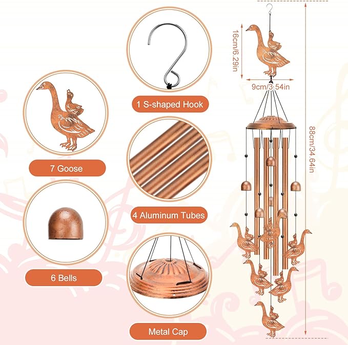Wind Chimes Outdoor - Mother & Baby Geese Windchime with 4 Aluminum Tubes,Weatherproof Metal Wind Chime for Garden Decor Patio Yard, Goose Gift for Thanksgiving, Christmas, Festival