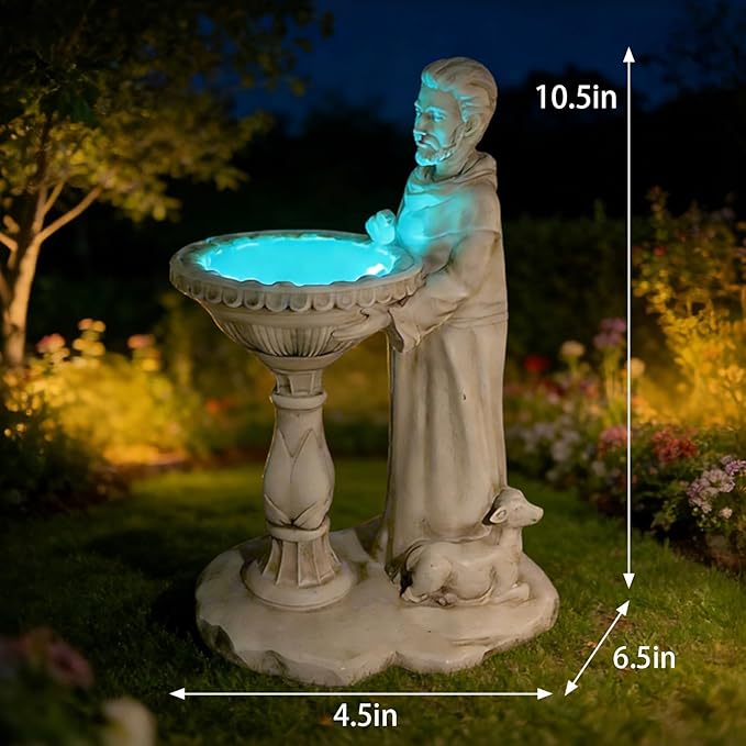 St Francis Garden Statue Outdoor Solar Garden Decor Resin 10.5 Inch Tall Colorful Lights St Francis Statue with Bird Bath Feeder for Yard Patio Lawn Decoration Religious Gardening Gifts