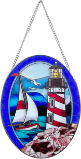 Pigeon Point Lighthouse Stained Glass Window Hanging, Suncatcher Home Decor with Chains, Suncatcher for Windows, Colorful Glass Ornament, Indoor Outdoor Home Decor Garden Decoration