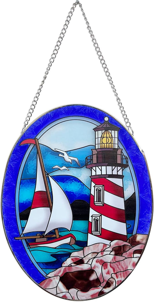 Pigeon Point Lighthouse Stained Glass Window Hanging, Suncatcher Home Decor with Chains, Suncatcher for Windows, Colorful Glass Ornament, Indoor Outdoor Home Decor Garden Decoration