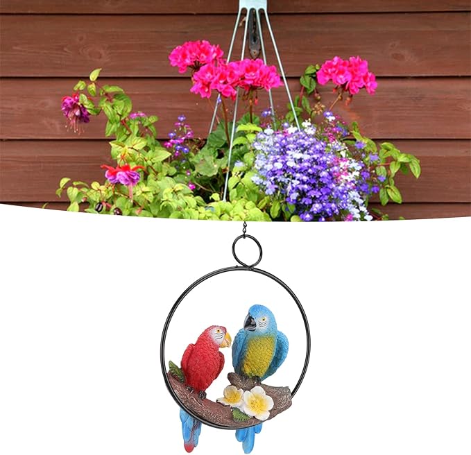 Garden Iron Ring Parrot Pendant, Hanging Parrot Sculpture, Garden Iron Ring Parrot Pendant, Parrot Statue On Metal Ring Garden Bird Hanging Chain Statue Decor Small Red Blue Macaw for Patio Home
