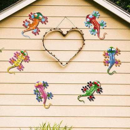 YEAHOME 6 Pack Metal Geckos Inspirational Wall Art, Mexican Outdoor Wall Decor with Shaking Head, Lizard Wall Sculptures & Statues for Farmhouse, Porch, Patio, Lawn, Fence