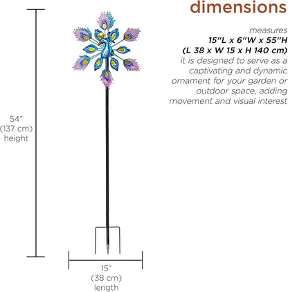 Alpine Corporation SLL2430 Double Layer Peacock Kinetic Wind Spinner Garden Stake, Colorful Statement Garden Décor, 55" H