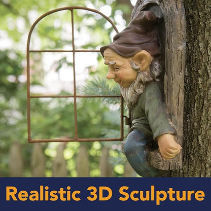 Bits and Pieces Elf Out The Window Yard Decorations Outdoor Tree Faces, 12 Inch Tree Hugger Whimsical Yard Decor, Elf, Fairy, Gnome Garden Decorations, Fun Garden Art