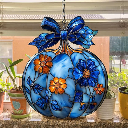 Blue Floral Pumpkin Acrylic Suncatcher Stained Glass Effect Window Car Hanging Christmas Ornament Indoor Outdoor Decor Garden Sun Catcher Panel for Halloween Lover for Women Mom Grandma
