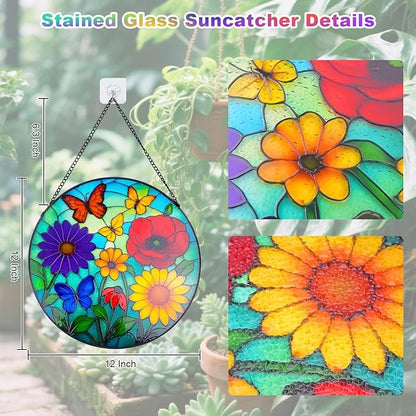 Wildflowers Stained Glass Window Hanging, Wildflowers Suncatcher for Indoor Window, Floral Stained Glass Decor for Garden, Home, Outdoor, Sun Catchers Birthday Gift for Women,Lovers and Mom 12 Inch