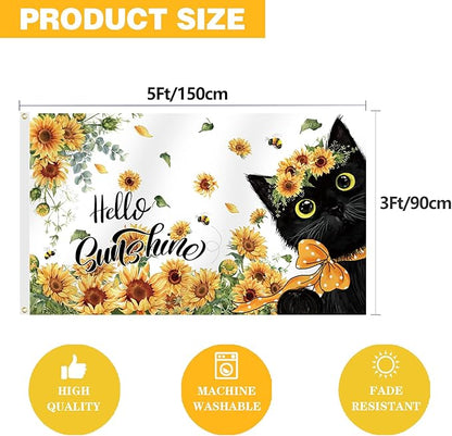 SENSEVEN Spring Summer Sunflowers Black Cat Flags for Outside 3x5 Ft, Summer Bees Yard Flag, Cute Kitten Hello Sunshine Floral Flag Seasonal Welcome Outdoor Banner for Porch Farmhouse Decor