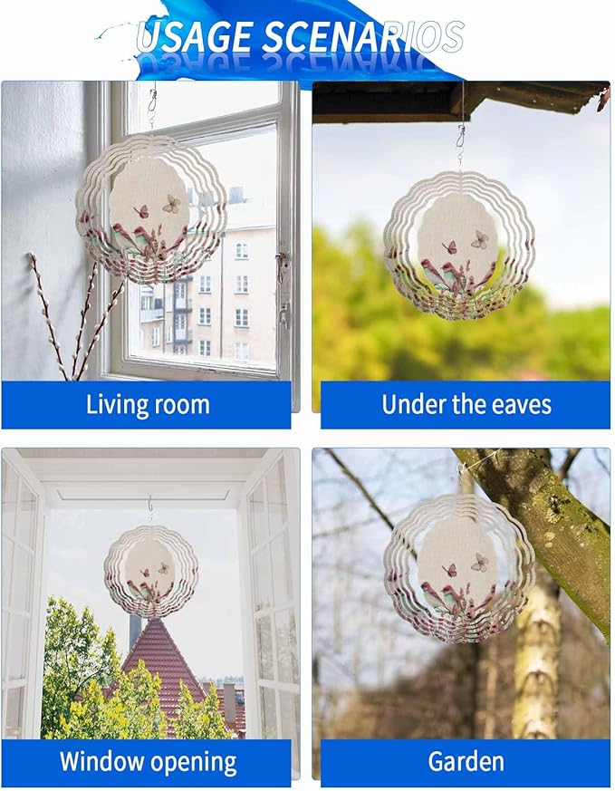 Stainless Steel Wind Spinner for Yard Garden Decoration, Red Bird Flower Floral Butterfly Vintage Summer Round Wind Sculpture Spinner 3D Crafts Hanging Ornaments for Indoor Outdoor, 8 Inch