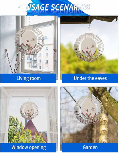 Stainless Steel Wind Spinner for Yard Garden Decoration, Red Bird Flower Floral Butterfly Vintage Summer Round Wind Sculpture Spinner 3D Crafts Hanging Ornaments for Indoor Outdoor, 8 Inch