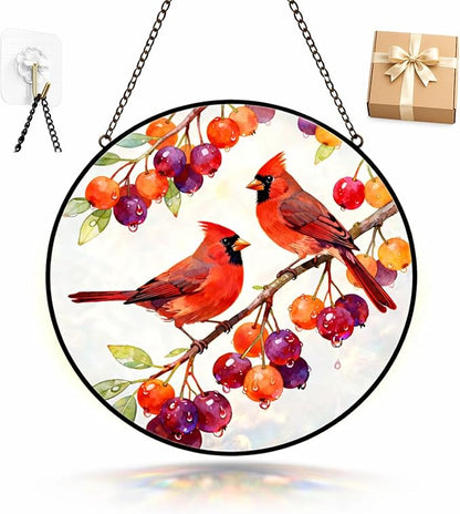 Cardinal Suncatcher Window Hanging, 7.8" Stained Glass Decor, Meaningful for Mom, Grandma, Family and Friends, Red Cardinal Window Decor for Kitchen, Sunroom and Garden