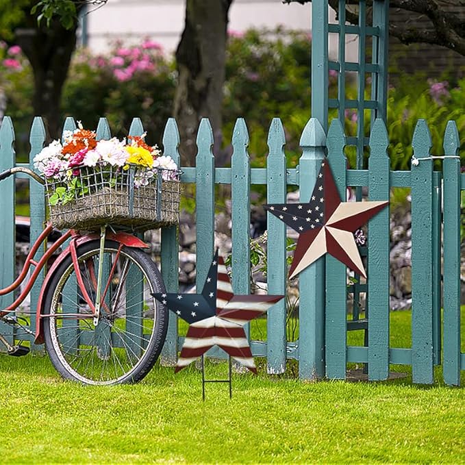 2set Metal Star Barn Yard Sign Garden Stake Decor for 4th of July Veterans Day, Patriotic US Flag Barn Star Yard Stake Outdoor Patio Lawn Decorations or Rustic Star Barn Ornament Wall Decor for House