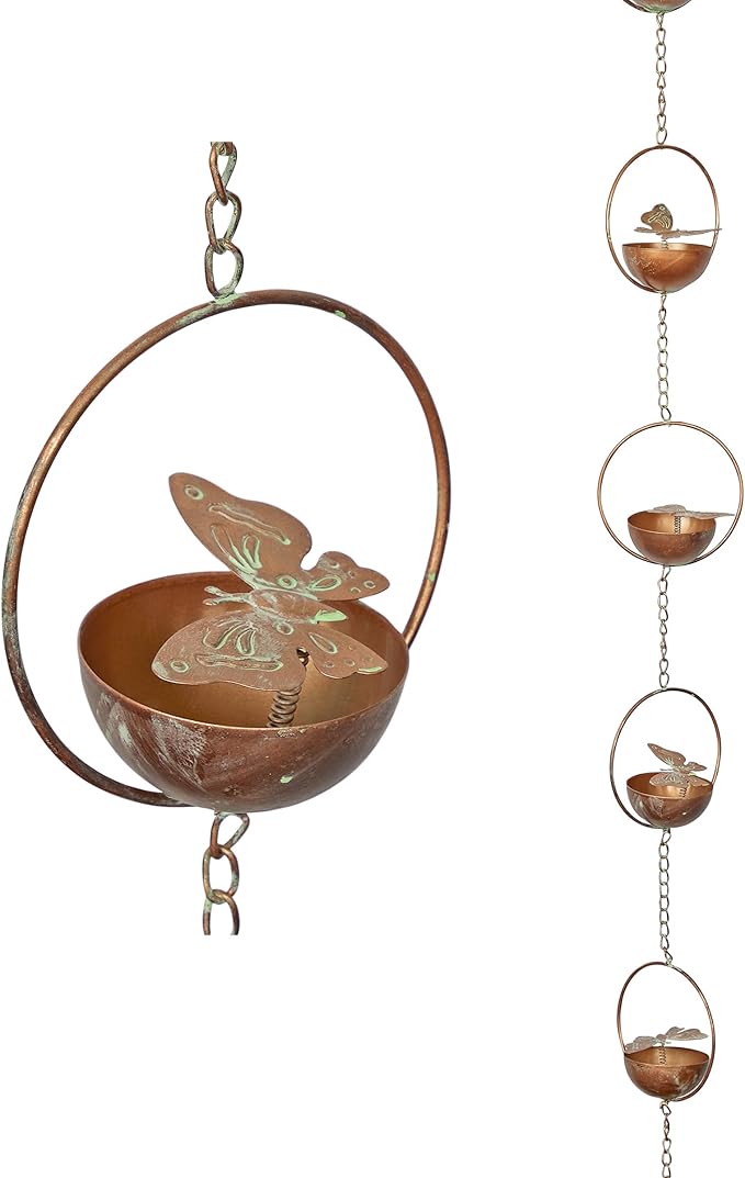 Alpine Corporation QES142HH Metal Hanging Butterfly with Spring Chain Rain Catcher, Décor for Garden, Patio, & Lawn, 73" H