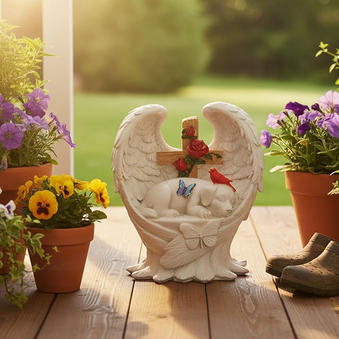 Dog Memorial Stone with Angel Wings Cross Roses Cardinal Butterfly, Pet Grave Markers Sleeping Waterproof Loss of Dog Sympathy Gift for Outdoor Cemetery 6 Inch